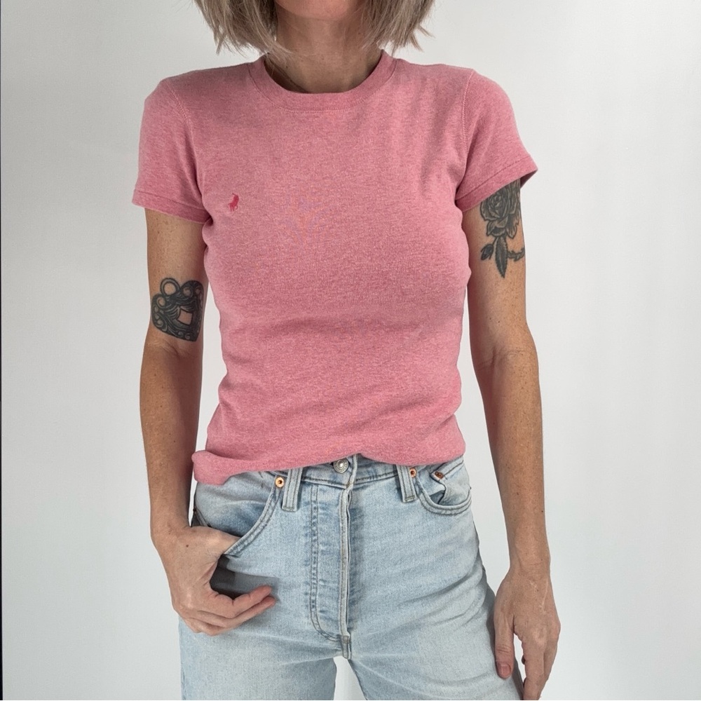 Ralph Lauren T-shirt Women’s Small Pink Heathered Crew Neck Cotton Preppy Fitted
